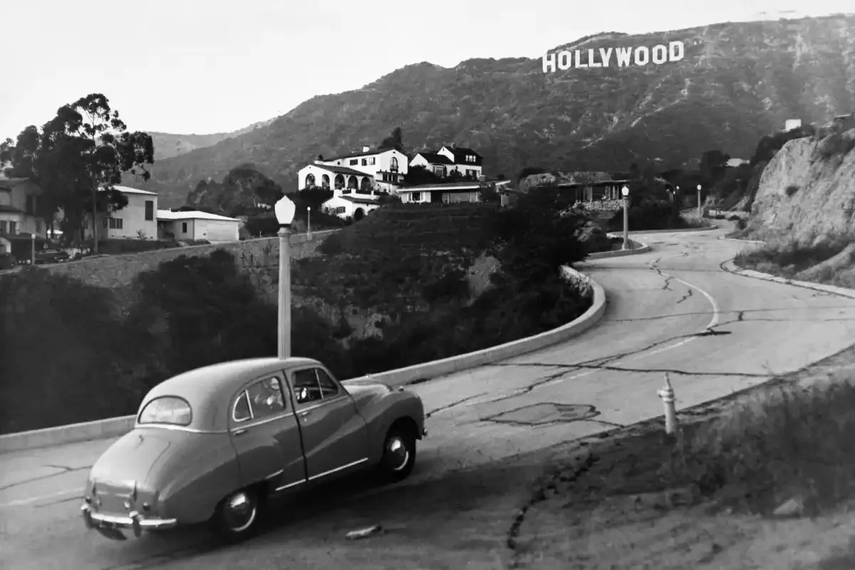 1950s Austin Car Driving Up Hollywood Hills Wall Art