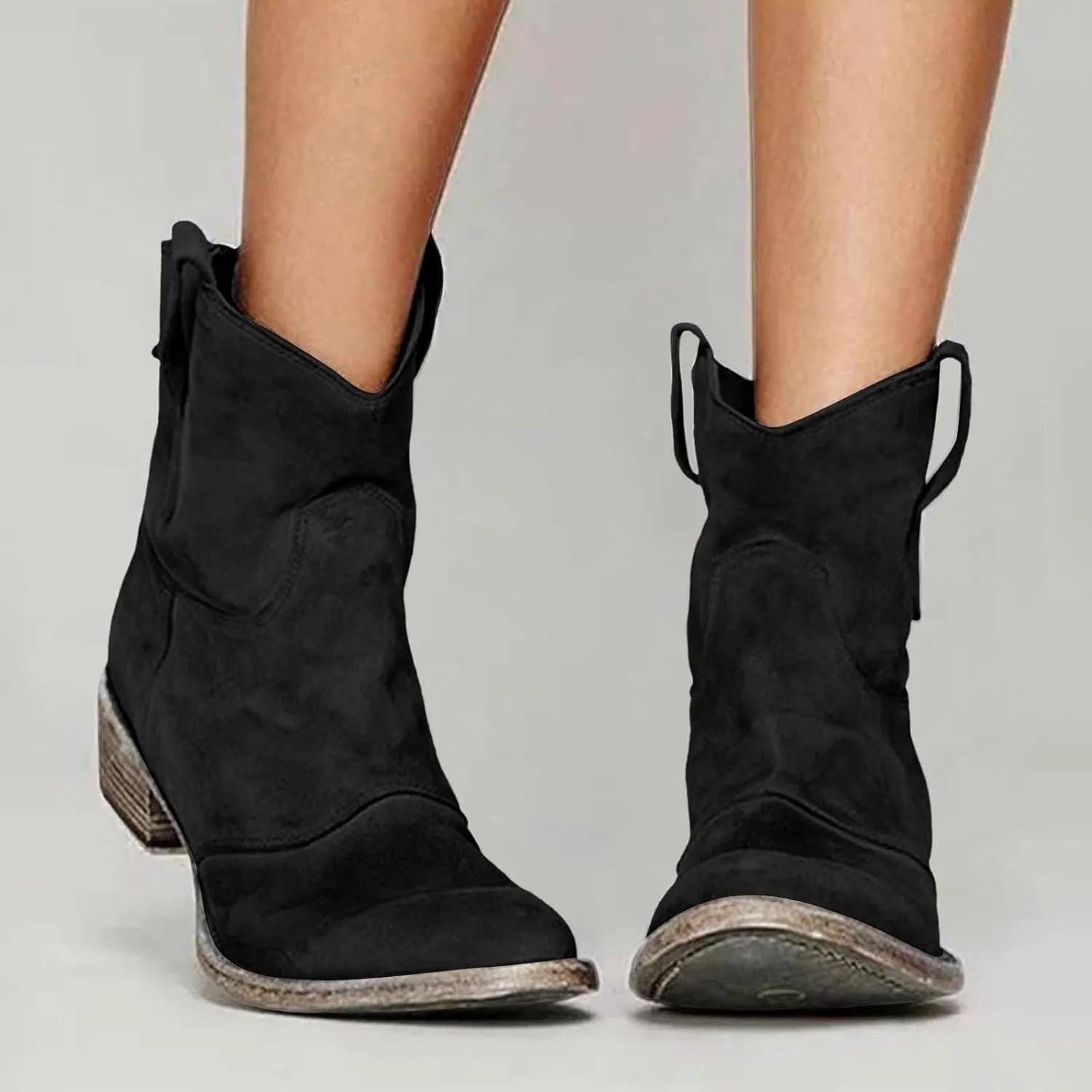 AMDBEL Booties for Women Dressy 2024 Ankle Boots Chunky Low Heel Suede Mid Calf Zipper Cowboy Boots Winter Booties