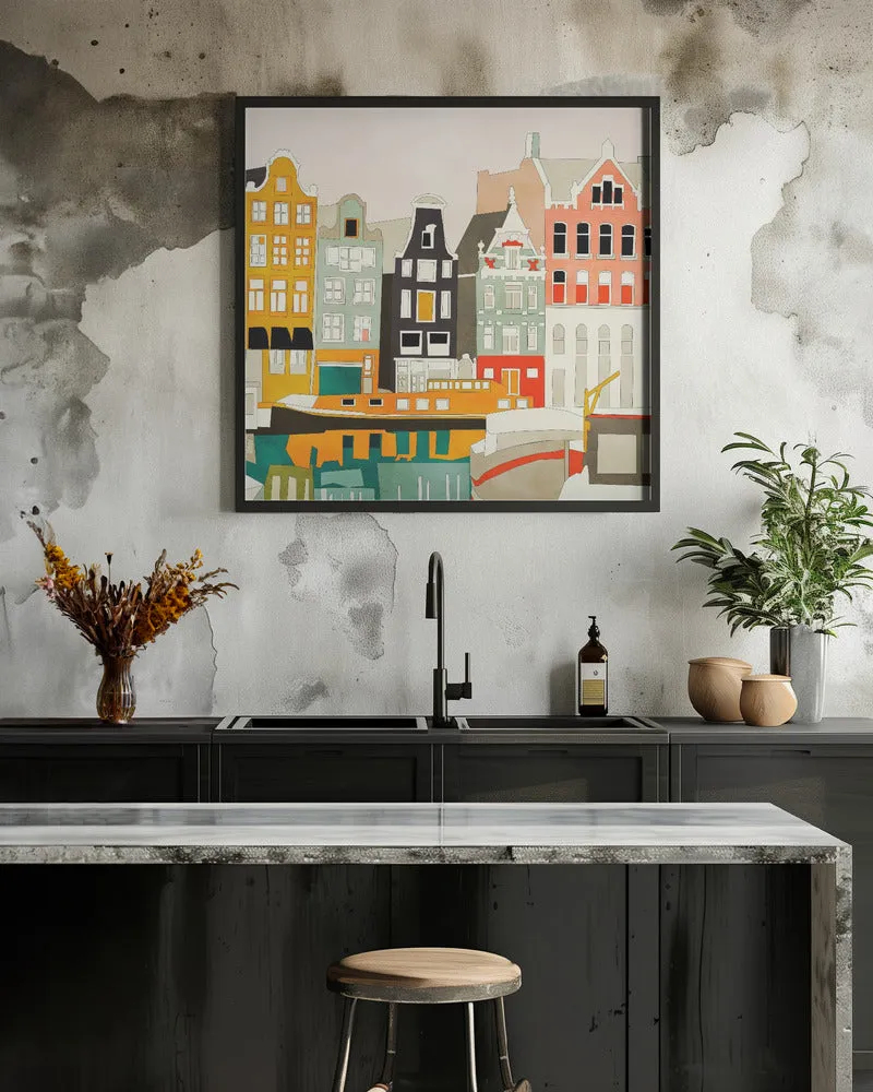 Amsterdam houses with ships, view 1 - Square Stretched Canvas, Poster or Fine Art Print