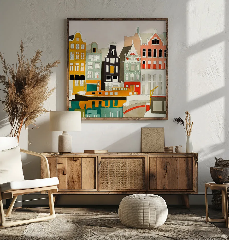 Amsterdam houses with ships, view 1 - Square Stretched Canvas, Poster or Fine Art Print