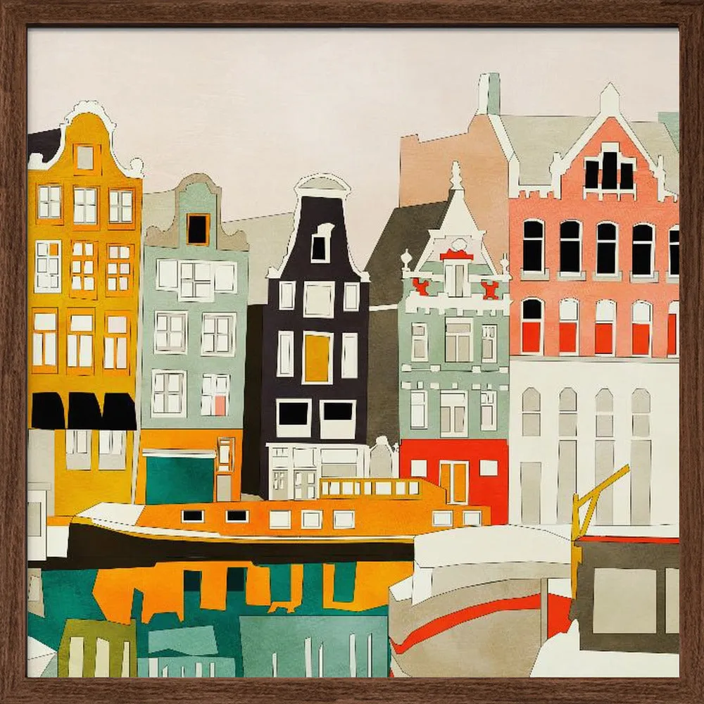Amsterdam houses with ships, view 1 - Square Stretched Canvas, Poster or Fine Art Print