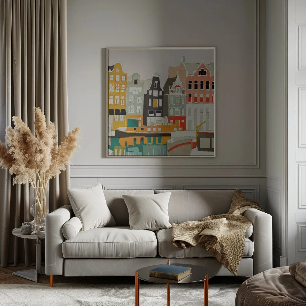Amsterdam houses with ships, view 1 - Square Stretched Canvas, Poster or Fine Art Print