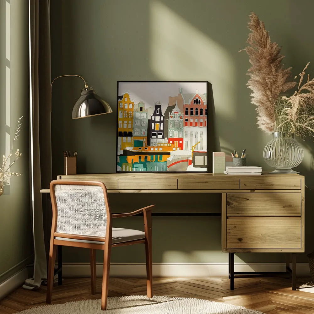 Amsterdam houses with ships, view 1 - Square Stretched Canvas, Poster or Fine Art Print