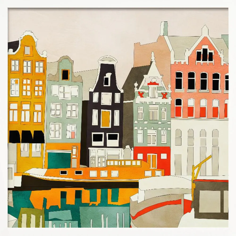 Amsterdam houses with ships, view 1 - Square Stretched Canvas, Poster or Fine Art Print