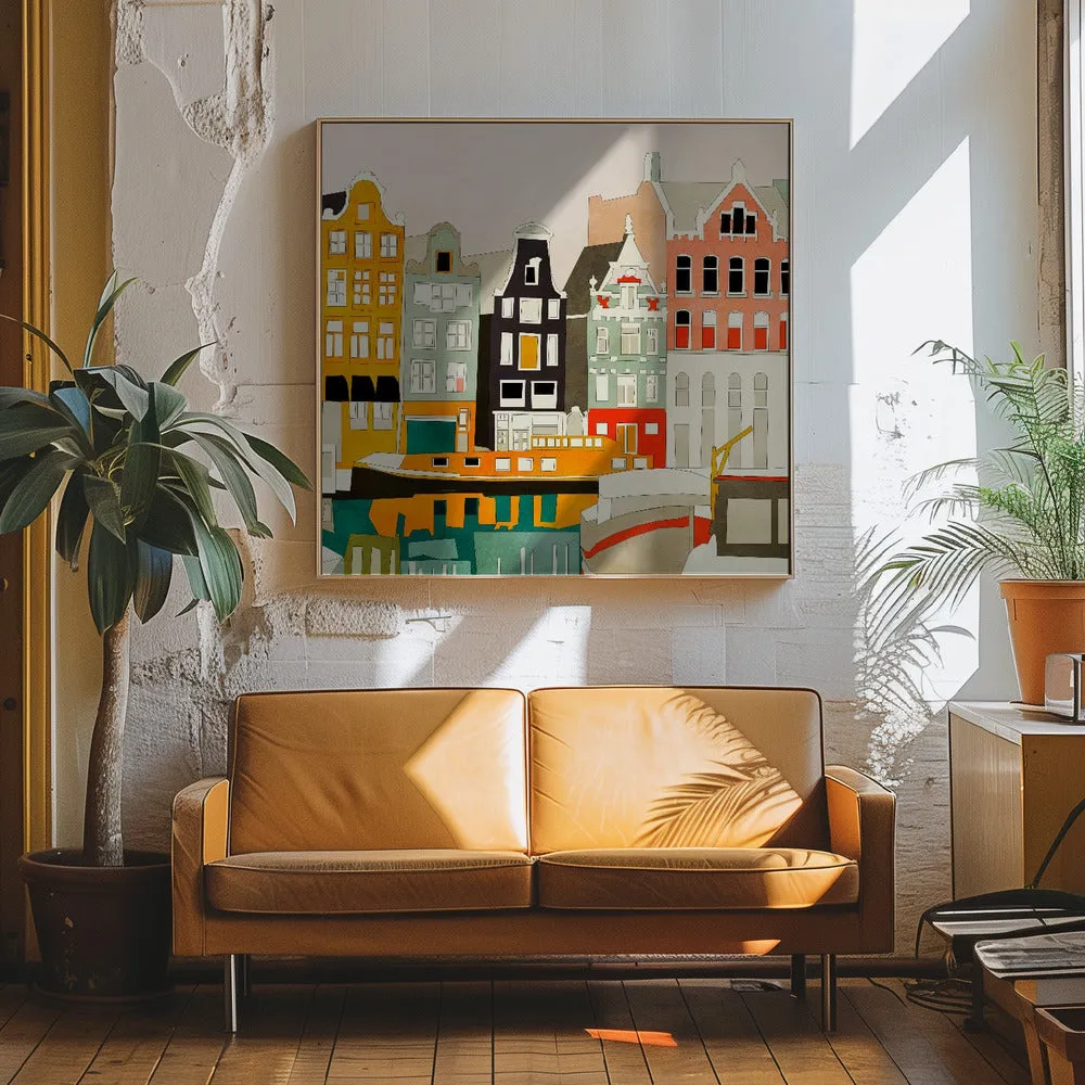 Amsterdam houses with ships, view 1 - Square Stretched Canvas, Poster or Fine Art Print