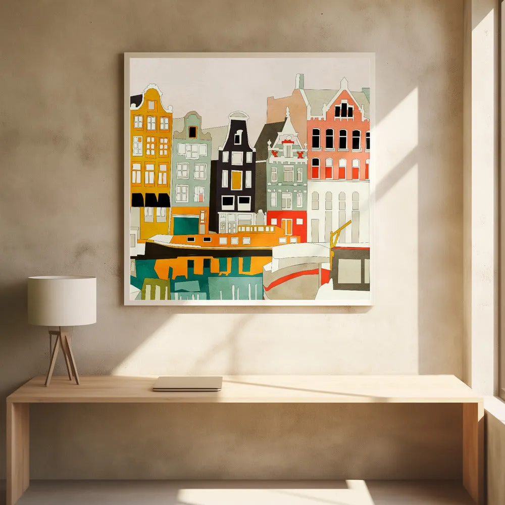 Amsterdam houses with ships, view 1 - Square Stretched Canvas, Poster or Fine Art Print