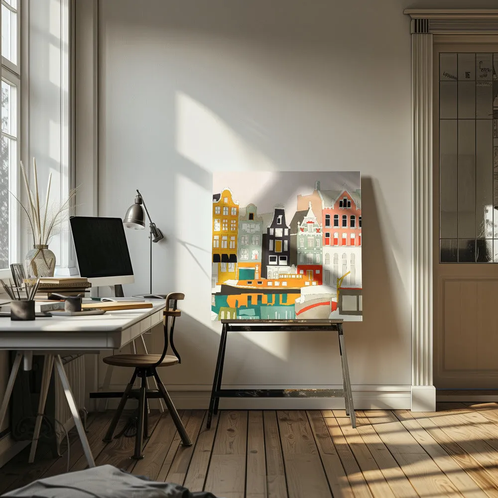 Amsterdam houses with ships, view 1 - Square Stretched Canvas, Poster or Fine Art Print