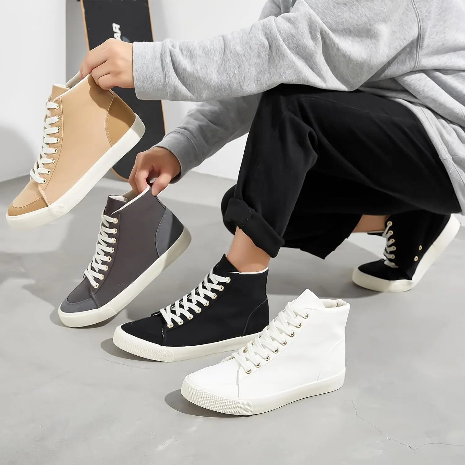 BENPAO Men's White High Top Sneakers Black Canvas Casual Shoes for Men Comfortable Fashion Sneakers Lace up Tennis Shoes
