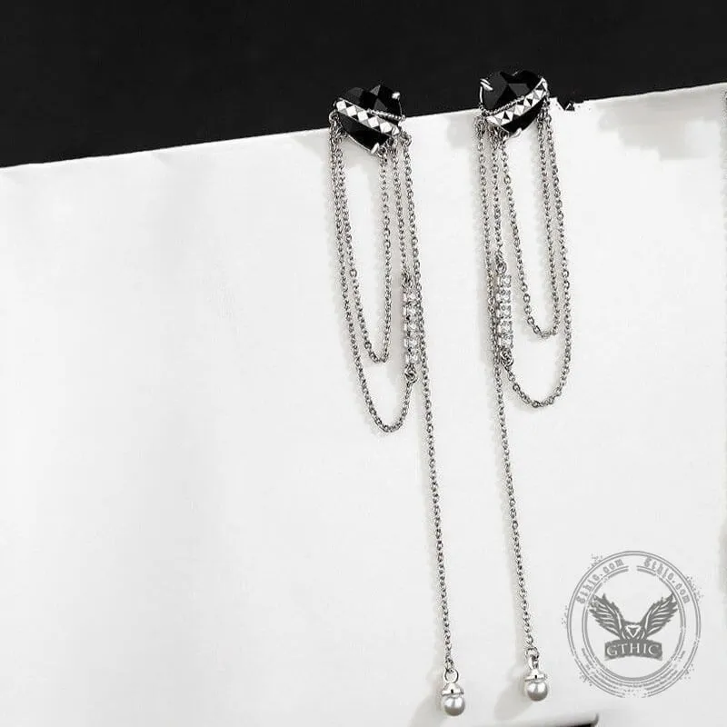 Black Heart-shaped Zircon Tassel Alloy Earrings