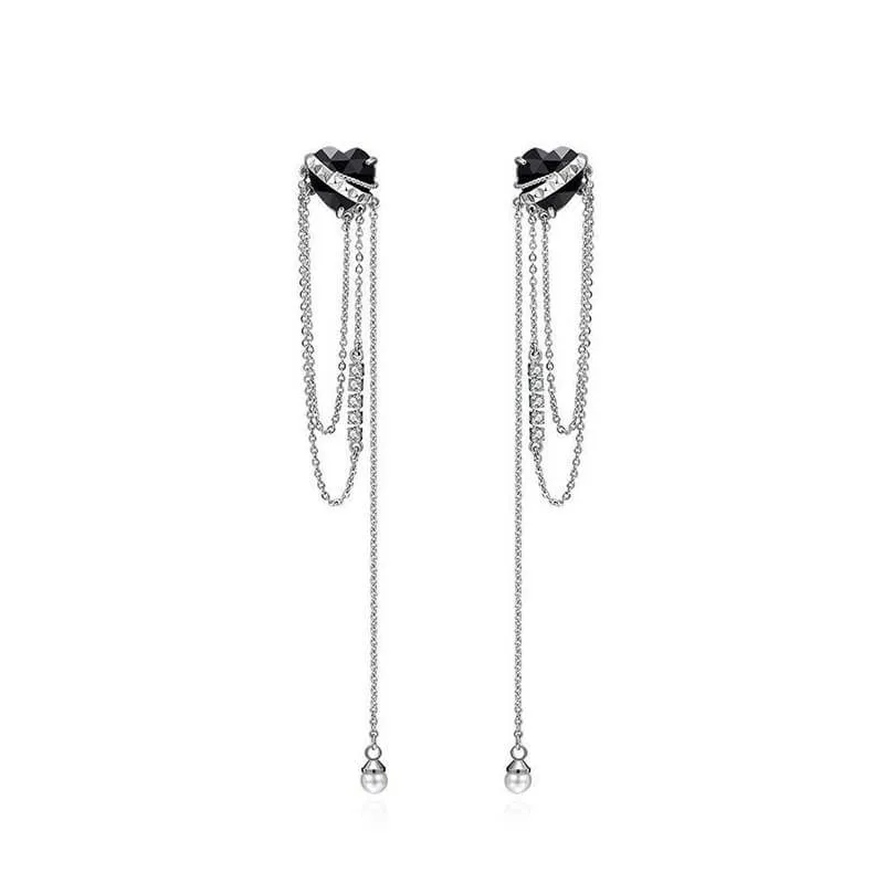Black Heart-shaped Zircon Tassel Alloy Earrings