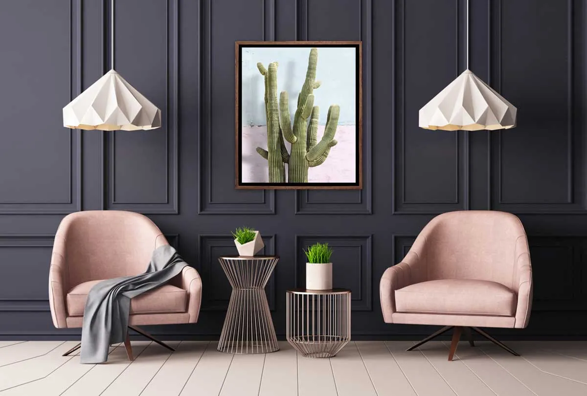 Cactus Against Pink Blue Wall | Canvas Wall Art Print