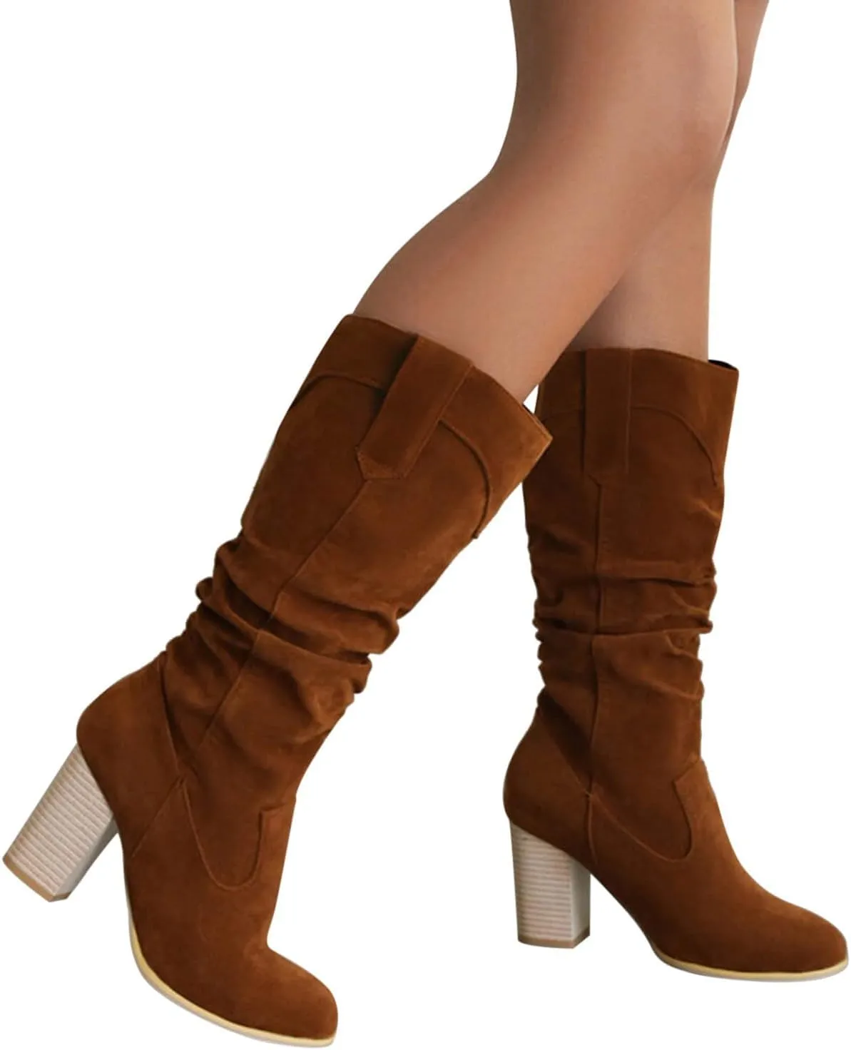 Cathalem Knee High Boots for Women Fall Winter Square Toe Chunky Block Heel Wide Calf Boots Fashion Side Zipper Long Boot