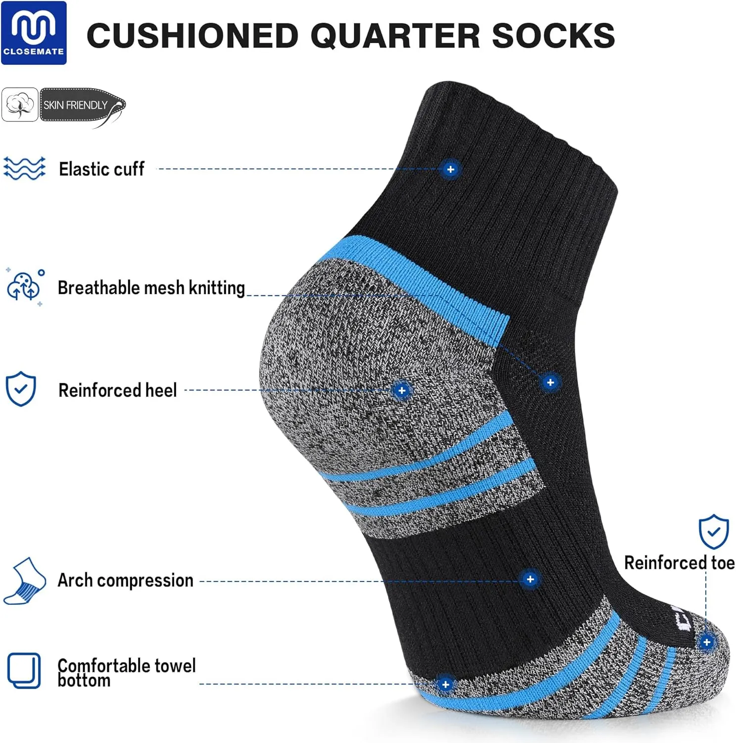 CLOSEMATE 6 Pack Mens Ankle Athletic Socks Cushioned Running Sports Cotton Quarter Socks