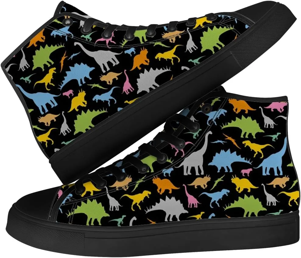 Dinosaur High Top Canvas Shoes for Men Women Cartoon Dinosaur Print High Top Sneakers Lace Up Casual Shoes Gifts for Boys Girls