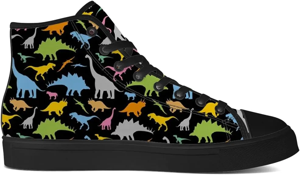 Dinosaur High Top Canvas Shoes for Men Women Cartoon Dinosaur Print High Top Sneakers Lace Up Casual Shoes Gifts for Boys Girls