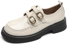 FAIRSOMA Women's Slip-On Leather Platform Low Heel Penny Loafers with Double Adjustable Buckle,Retro Casual Non-Slip Chunky Round Toe Business Comfort Memory Foam Work Shoes