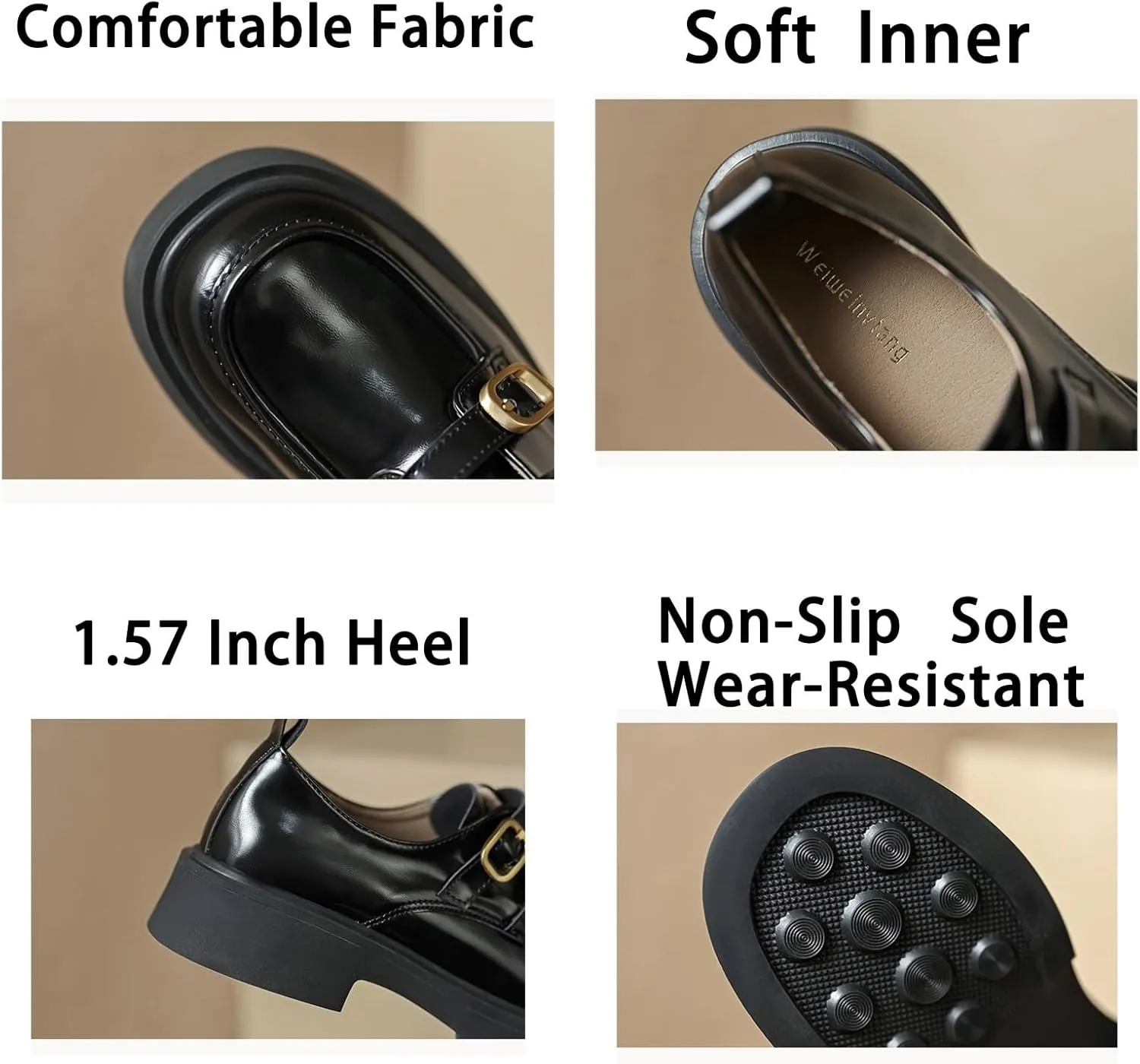 FAIRSOMA Women's Slip-On Leather Platform Low Heel Penny Loafers with Double Adjustable Buckle,Retro Casual Non-Slip Chunky Round Toe Business Comfort Memory Foam Work Shoes