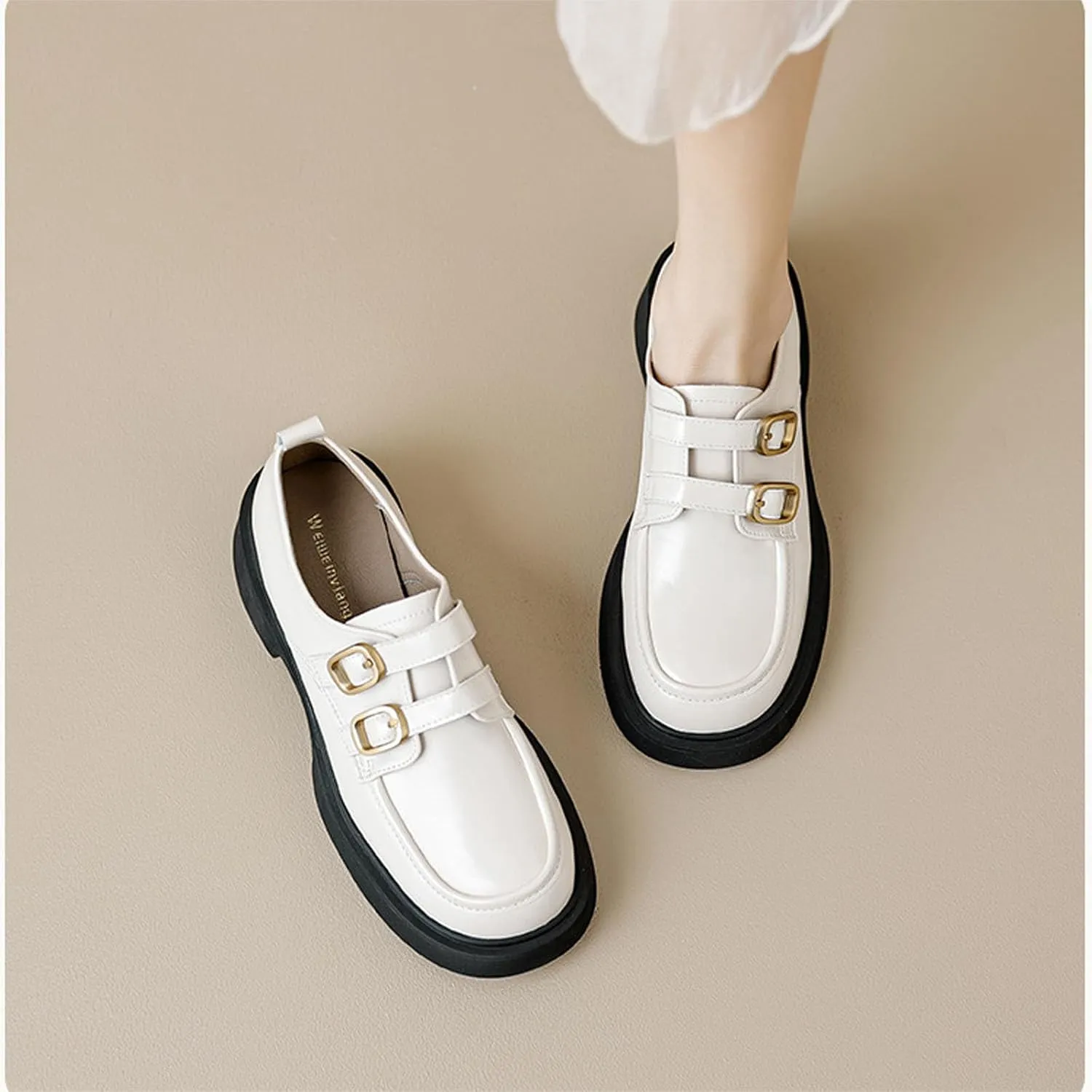 FAIRSOMA Women's Slip-On Leather Platform Low Heel Penny Loafers with Double Adjustable Buckle,Retro Casual Non-Slip Chunky Round Toe Business Comfort Memory Foam Work Shoes