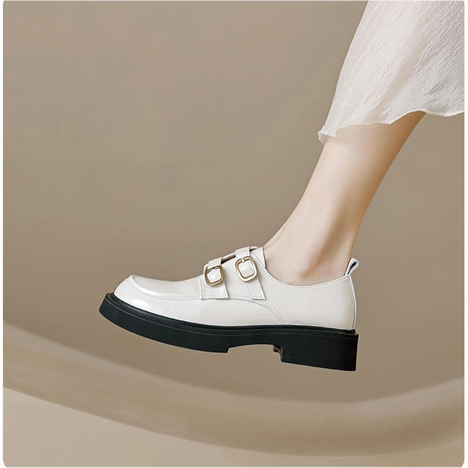 FAIRSOMA Women's Slip-On Leather Platform Low Heel Penny Loafers with Double Adjustable Buckle,Retro Casual Non-Slip Chunky Round Toe Business Comfort Memory Foam Work Shoes