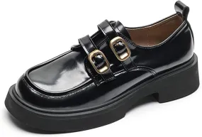 FAIRSOMA Women's Slip-On Leather Platform Low Heel Penny Loafers with Double Adjustable Buckle,Retro Casual Non-Slip Chunky Round Toe Business Comfort Memory Foam Work Shoes
