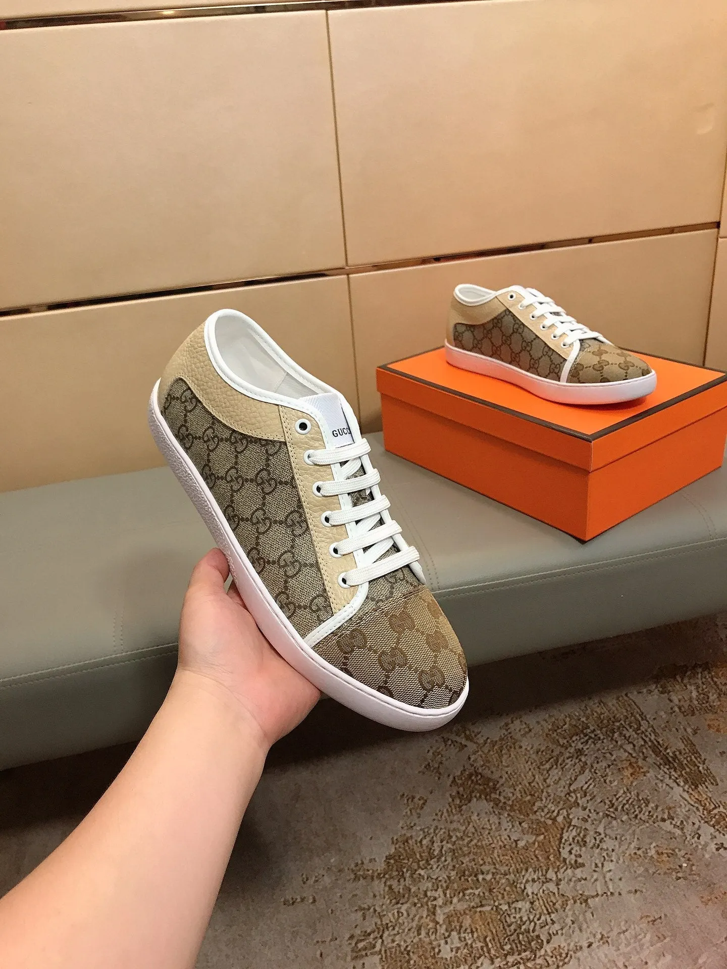 GG ACE BEIGE GREY LOW-TOP SNEAKERS