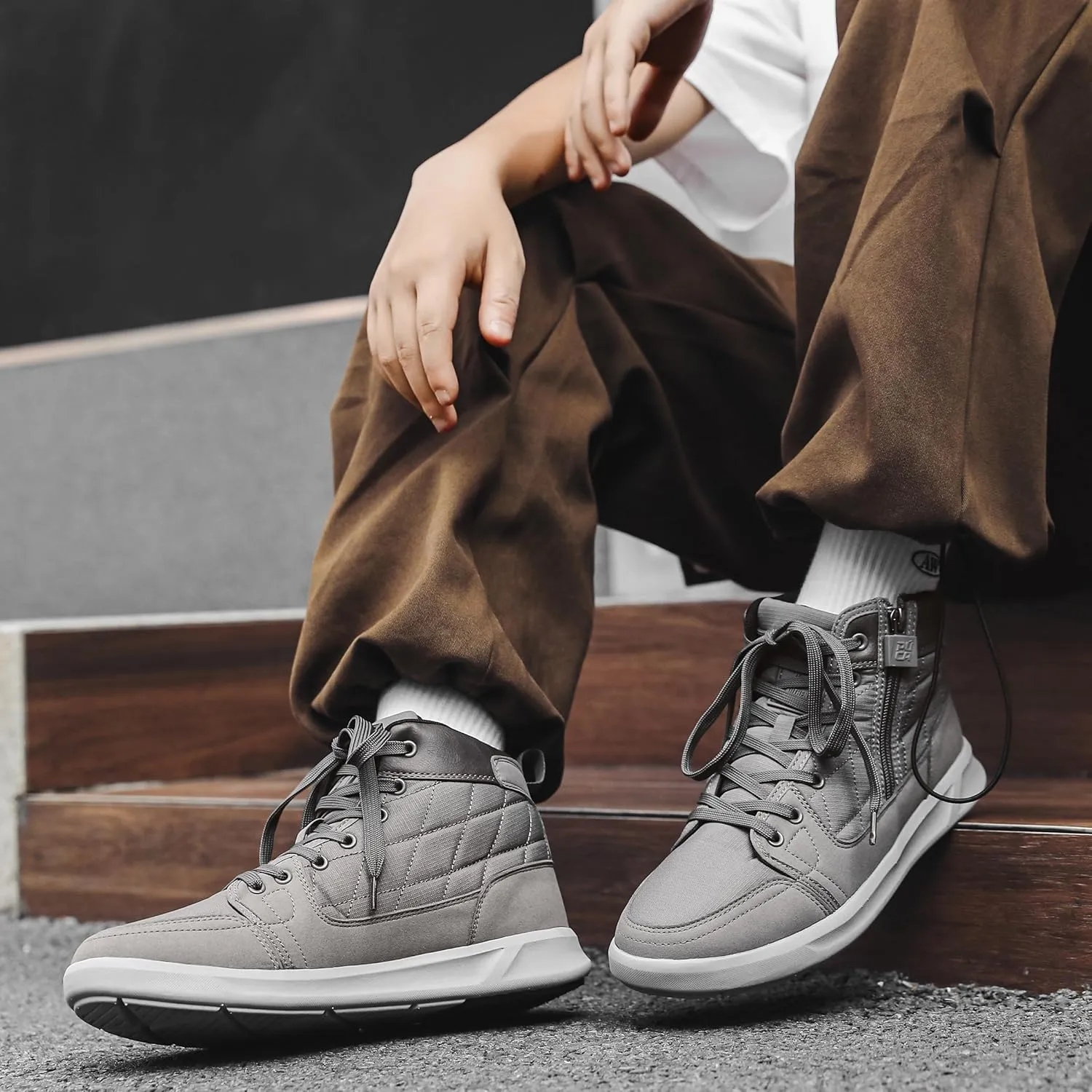 High-Top Mens Casual Shoes - Genuine Microfiber Suede Boots with Side Zipper, Lightweight Flexible Sole, Well-Cushioned Breathable and Removable Insoles