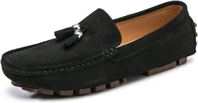 HOOENG Driving Moccasins for Men Genuine Leather Stitching Details Round Toe Tassel Suede Vamp Perforated Flexible Lightweight Flat Heel Driving Slip On (Color : Black, Size : 8.5)