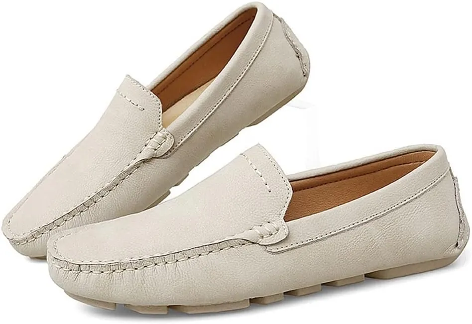 HOOENG Loafer Shoes Driving Moccasins for Men Genuine Leather Stitching Details Round Toe Rubber Sole Simple Resistant Anti-Slip Flexible Lightweight