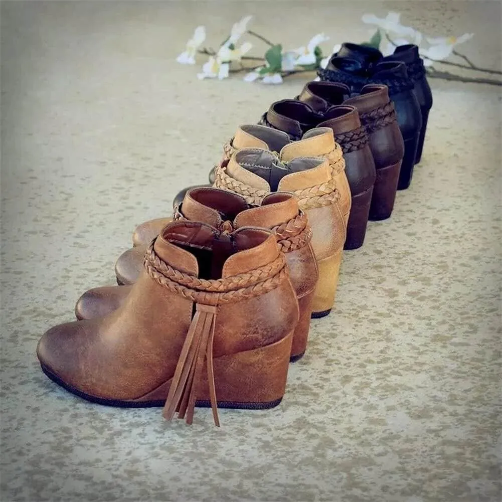JFISQ Wedge Platform Walking Boots for Ladies, Lace-Up Comfy Flat-Bottomed Heel Boots Fringed Calf Boots Women Waterproof Casual Leather Short Booties Low Zipper Ankle Boots