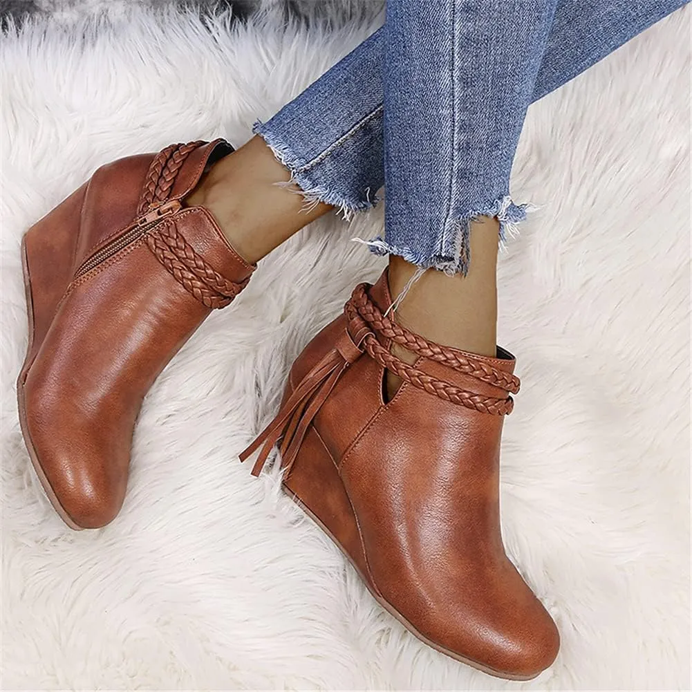 JFISQ Wedge Platform Walking Boots for Ladies, Lace-Up Comfy Flat-Bottomed Heel Boots Fringed Calf Boots Women Waterproof Casual Leather Short Booties Low Zipper Ankle Boots