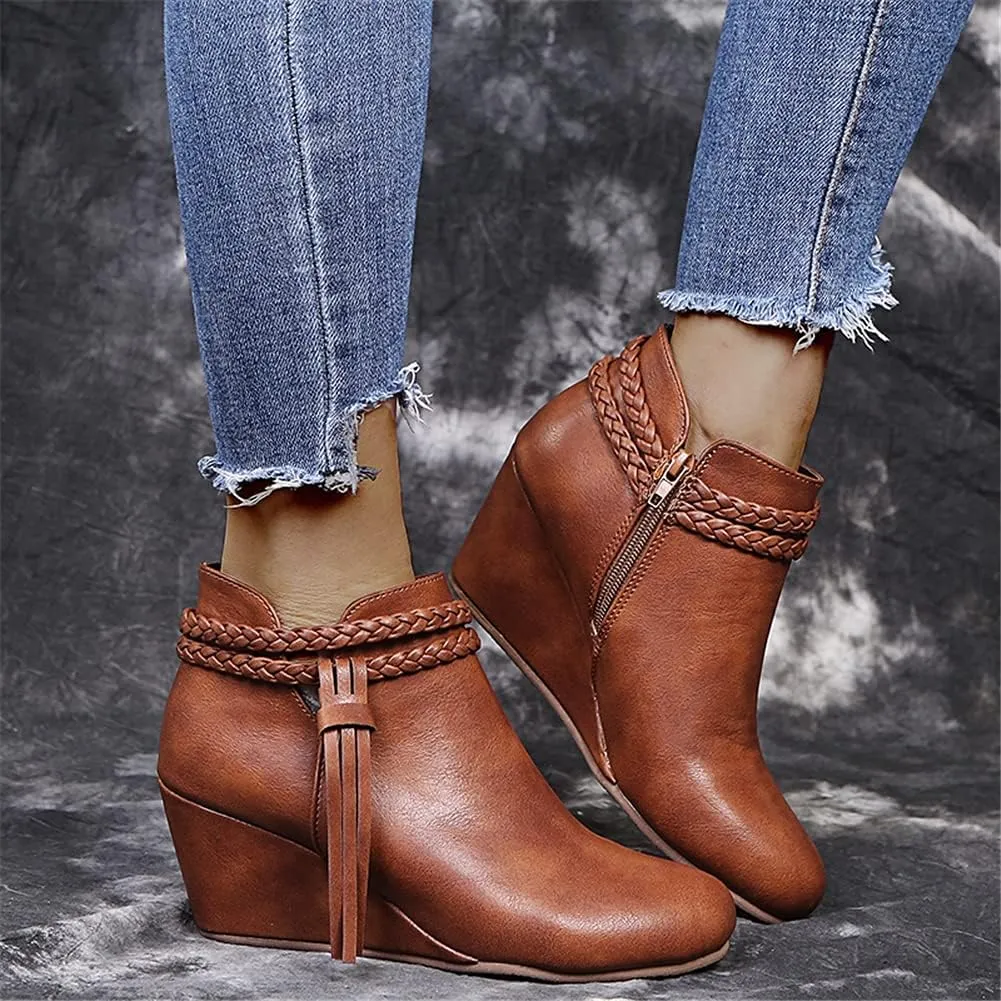 JFISQ Wedge Platform Walking Boots for Ladies, Lace-Up Comfy Flat-Bottomed Heel Boots Fringed Calf Boots Women Waterproof Casual Leather Short Booties Low Zipper Ankle Boots