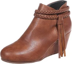 JFISQ Wedge Platform Walking Boots for Ladies, Lace-Up Comfy Flat-Bottomed Heel Boots Fringed Calf Boots Women Waterproof Casual Leather Short Booties Low Zipper Ankle Boots