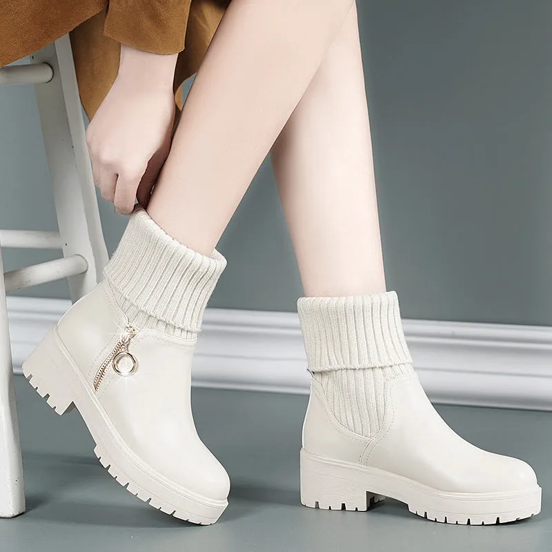 kamames Flat-Soled Short Boots Women's Thick-Soled Rice White Martin Boots With Plush Thread British Style Fashion Brand Women's Cotton Shoes