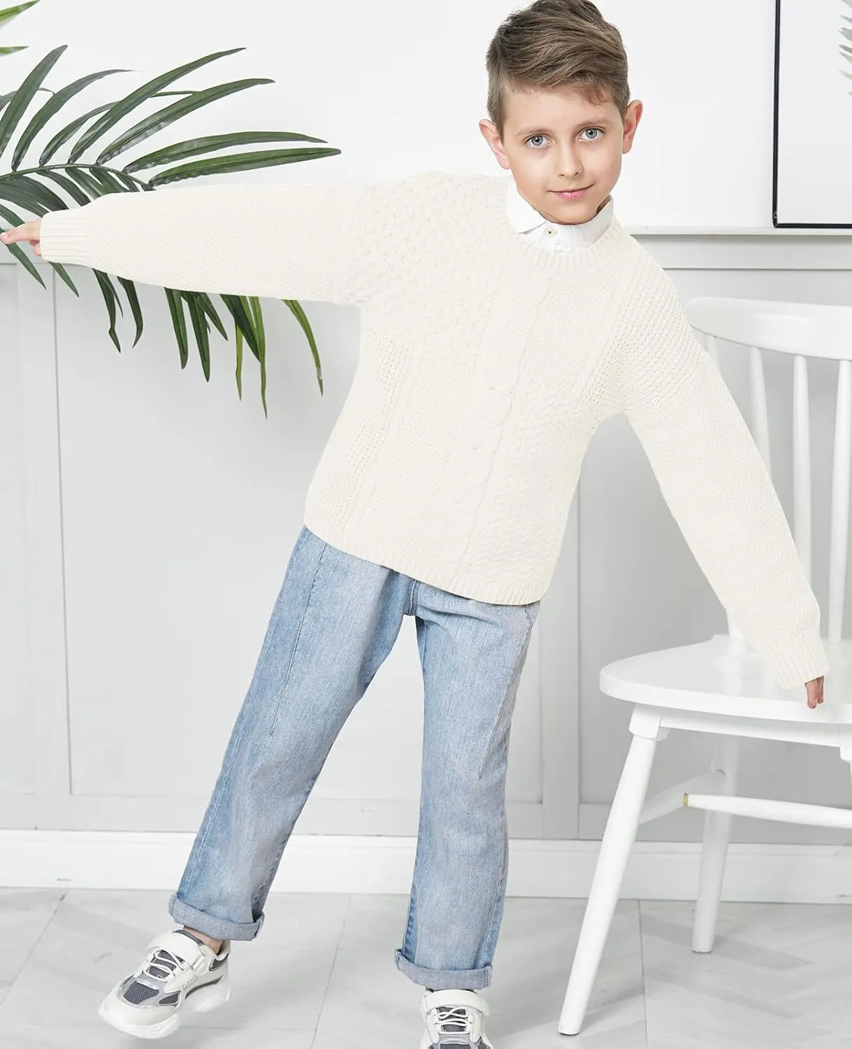 Kids Boys Cable Knit Sweaters Long Sleeve Crewneck Chunky Pullover Cute Knitwear Fall Jumper Tops 3-10 Years