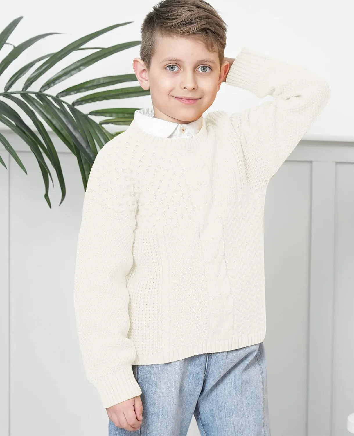 Kids Boys Cable Knit Sweaters Long Sleeve Crewneck Chunky Pullover Cute Knitwear Fall Jumper Tops 3-10 Years