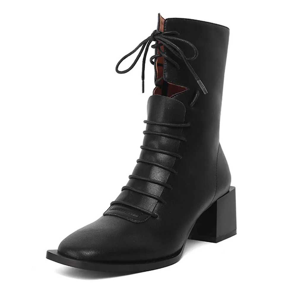 Ladies Square Toe Block Heel Calf Length Lace Up Martin Boots