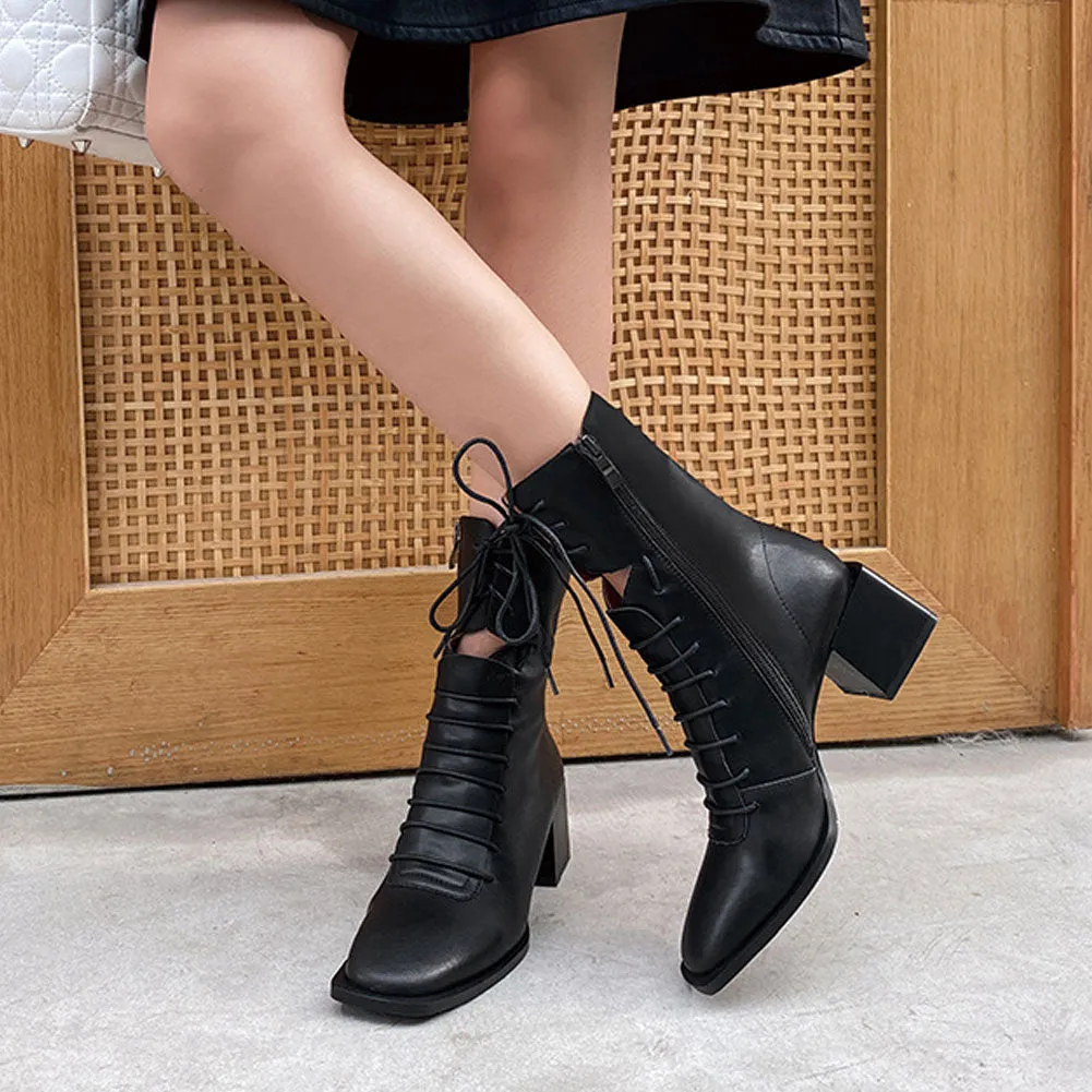 Ladies Square Toe Block Heel Calf Length Lace Up Martin Boots