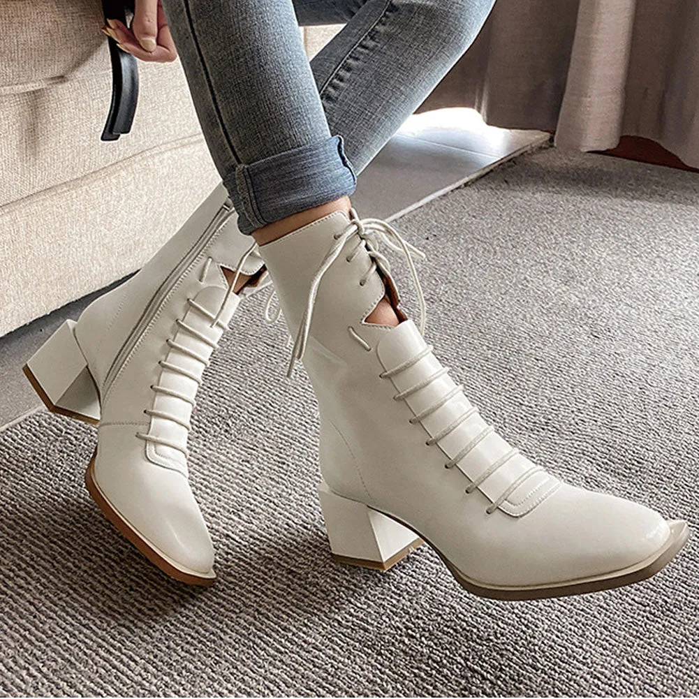 Ladies Square Toe Block Heel Calf Length Lace Up Martin Boots
