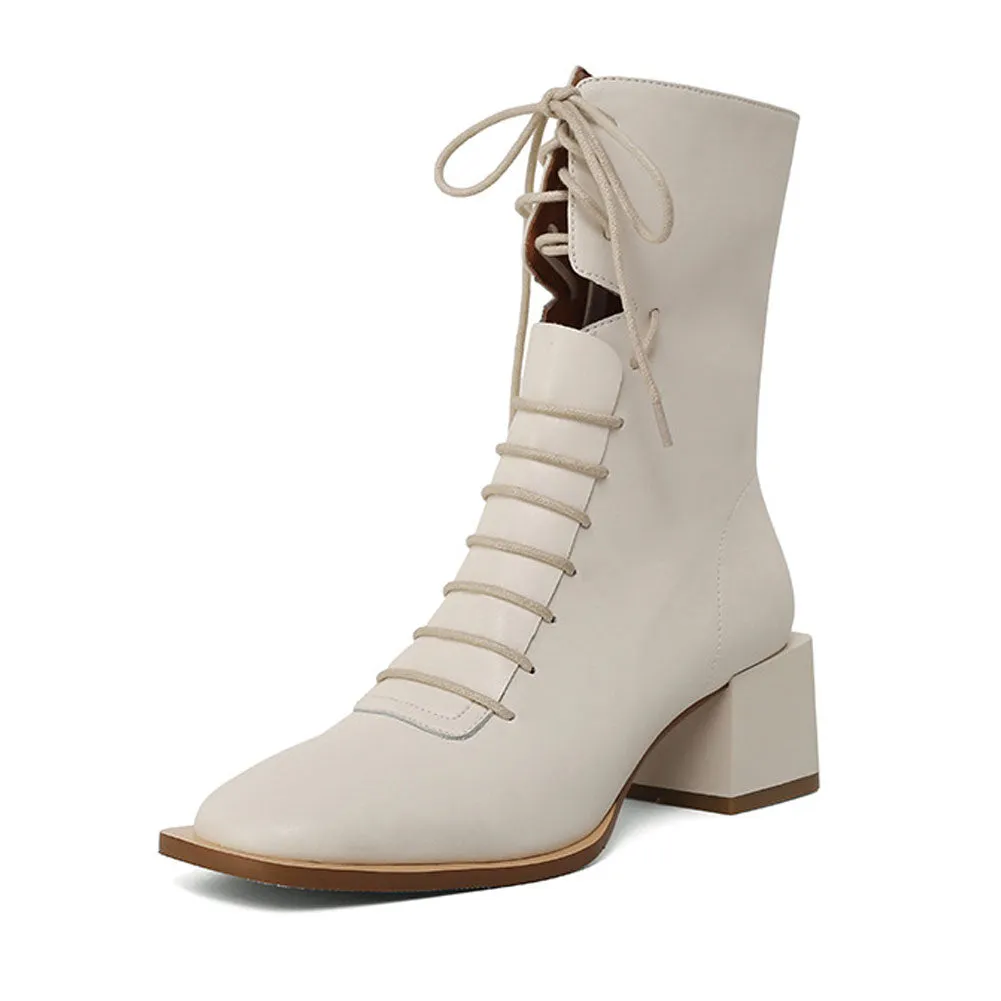 Ladies Square Toe Block Heel Calf Length Lace Up Martin Boots