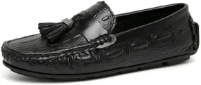 Loafers for Men Square Toe Crocodile Print with Tassel Driving Loafers PU Leather Flat Heel Resistant Lightweight Wedding Slip On