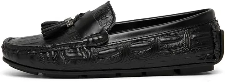 Loafers for Men Square Toe Crocodile Print with Tassel Driving Loafers PU Leather Flat Heel Resistant Lightweight Wedding Slip On
