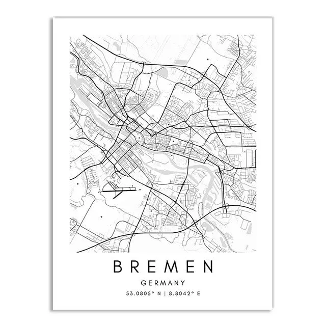 London Paris New York City Map Wall Art Fine Art Canvas Print CUSTOM City Map Picture Minimalist Black White Nordic Style Home Office Interior Decor