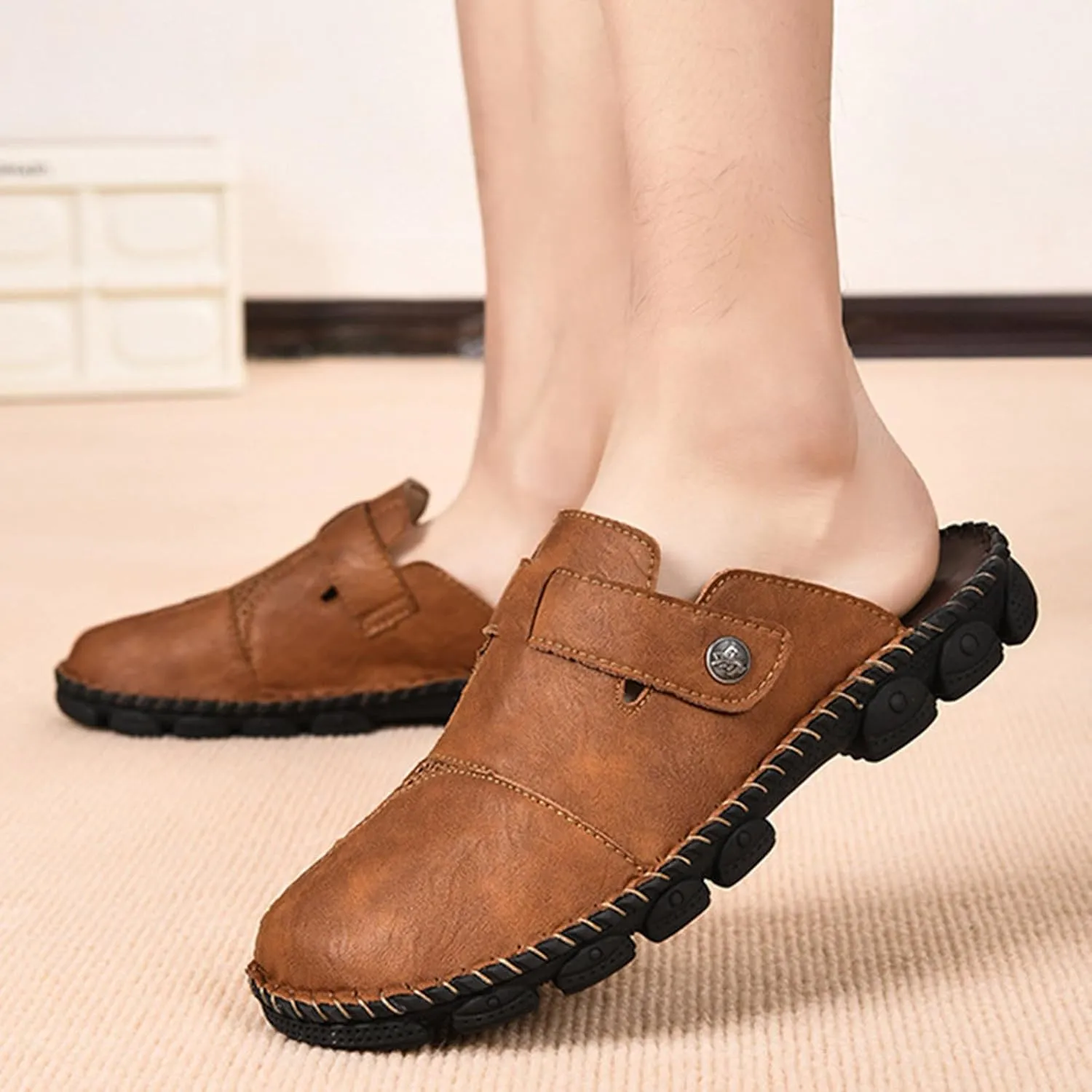 Men Mules Slip on Flats Shoes Casual Closed Toe Suede Backless Loafers Comfy Lightweight Dressy Footwear