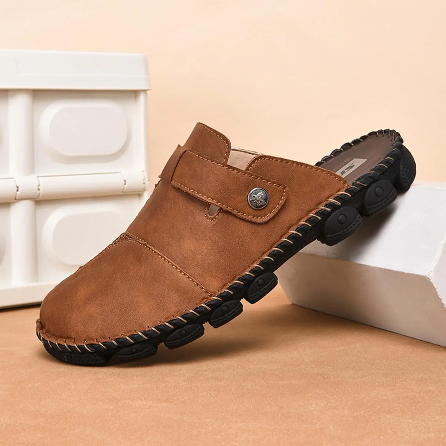 Men Mules Slip on Flats Shoes Casual Closed Toe Suede Backless Loafers Comfy Lightweight Dressy Footwear