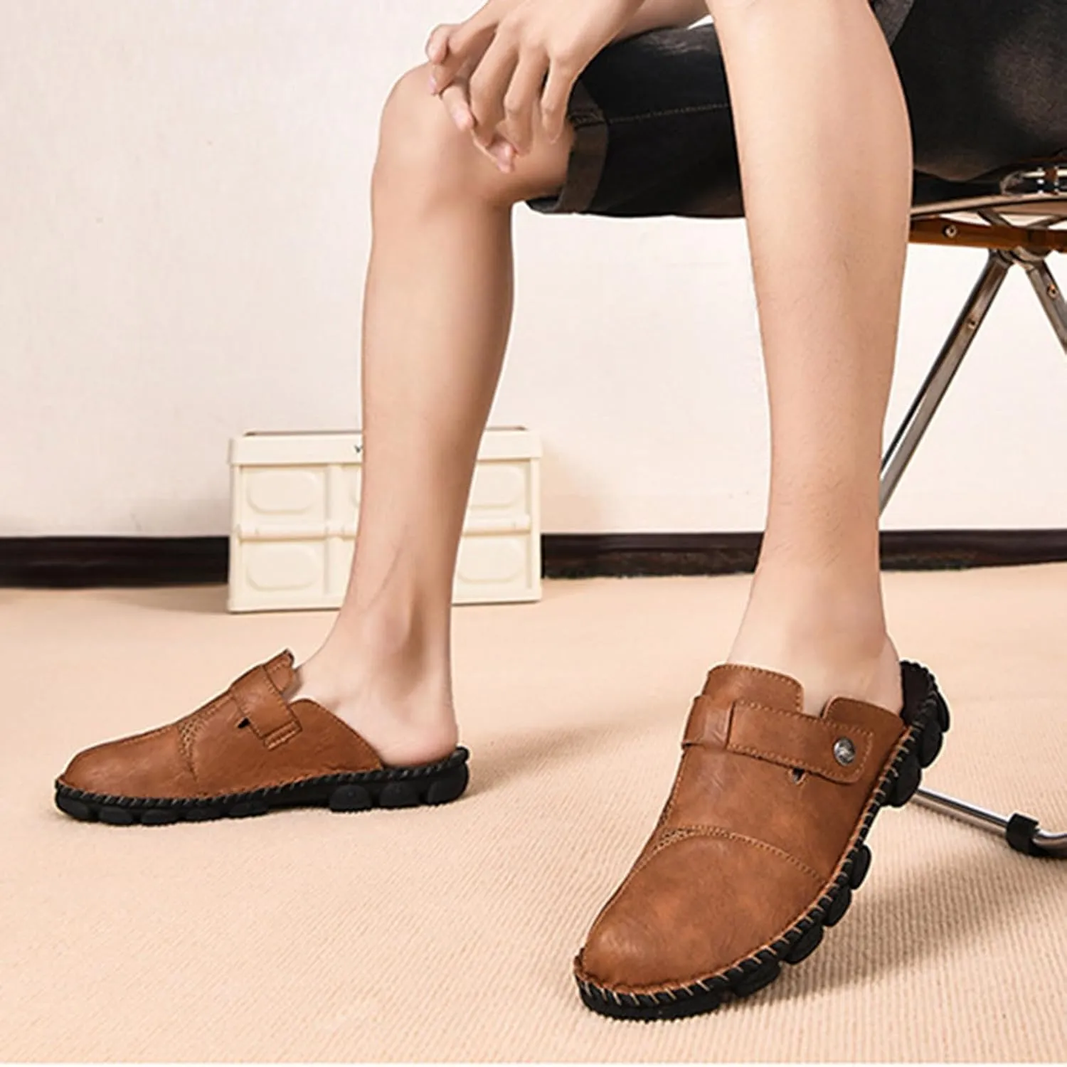 Men Mules Slip on Flats Shoes Casual Closed Toe Suede Backless Loafers Comfy Lightweight Dressy Footwear