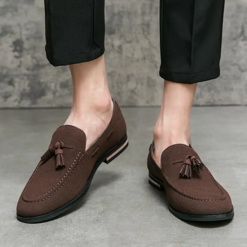 Men's Loafers Round Toe Suede Vamp with Tassel Loafer Shoes Lightweight Flat Heel Anti-Slip Prom Slip-ons