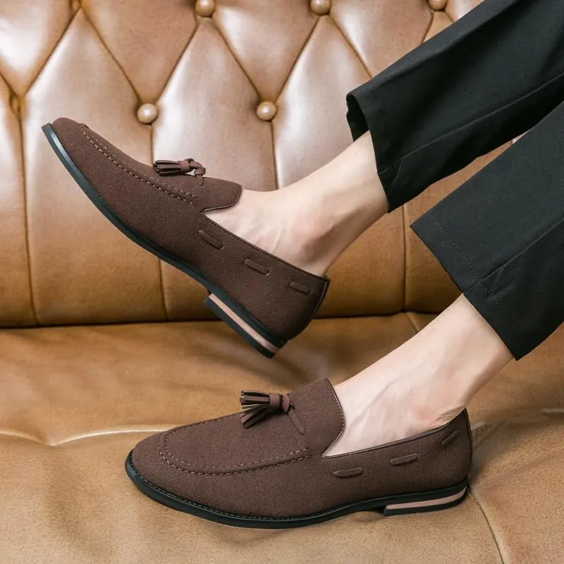 Men's Loafers Round Toe Suede Vamp with Tassel Loafer Shoes Lightweight Flat Heel Anti-Slip Prom Slip-ons