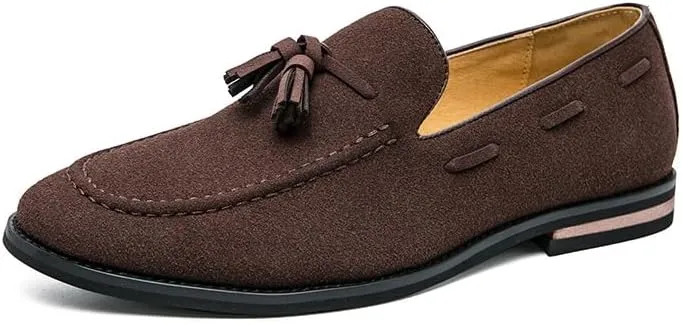 Men's Loafers Round Toe Suede Vamp with Tassel Loafer Shoes Lightweight Flat Heel Anti-Slip Prom Slip-ons