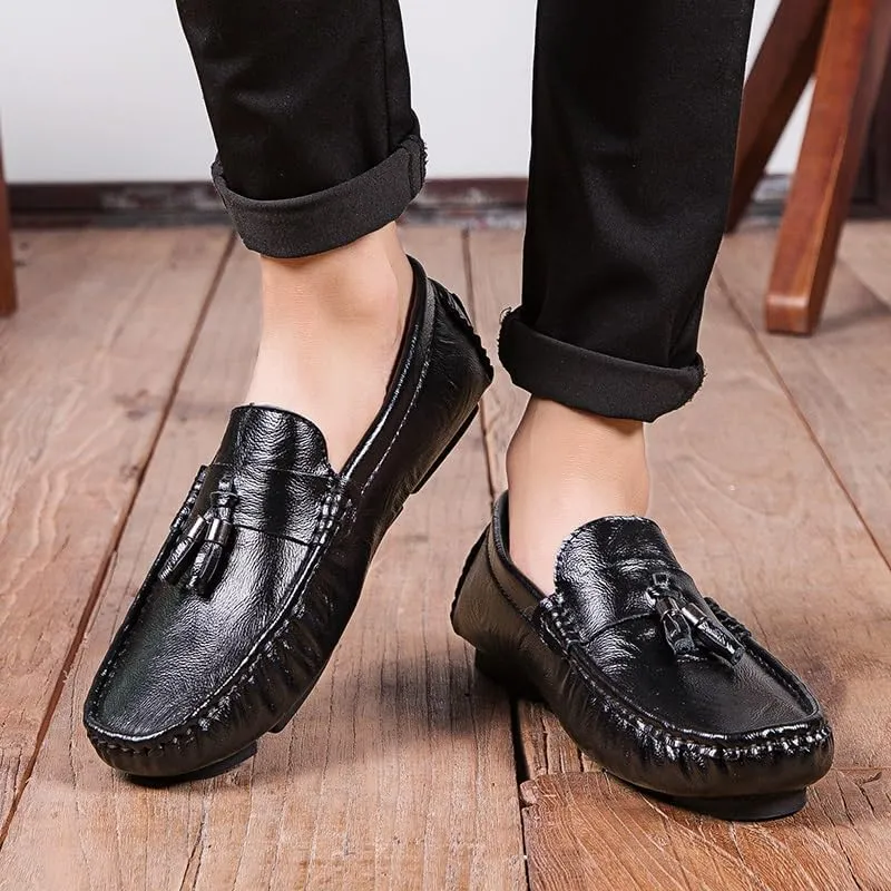 Men's Loafers Shoes Square Toe PU Leather with Tassel Driving Style Loafer Comfortable Anti-Slip Flat Heel Walking Classic Slip On