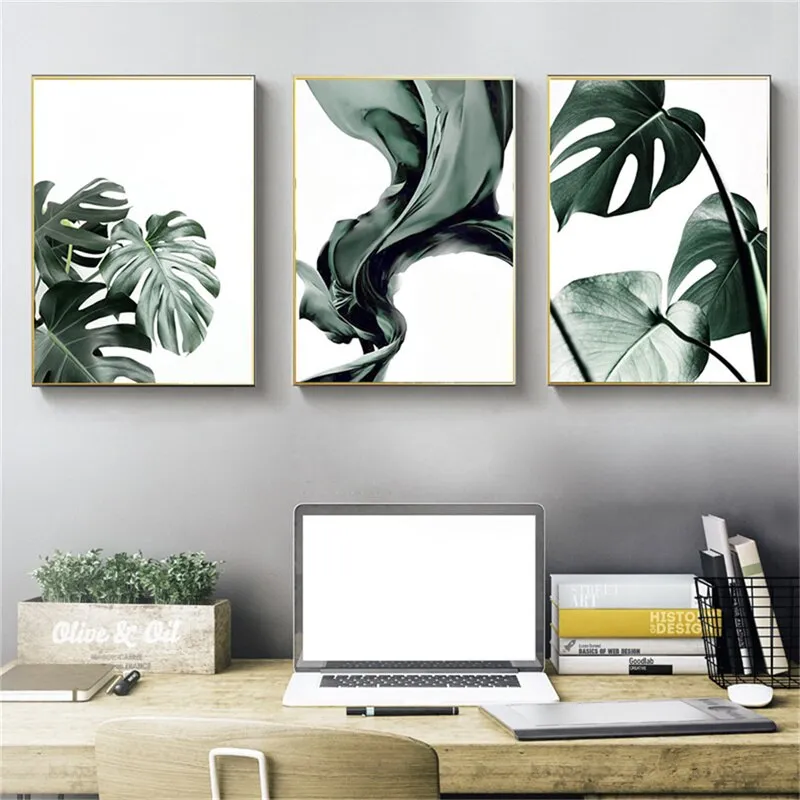 Minimalist White Space Green Monstera Leaves Eucalyptus Leaf Posters Tropical Botanic Wall Art Pictures For Living Room Decor